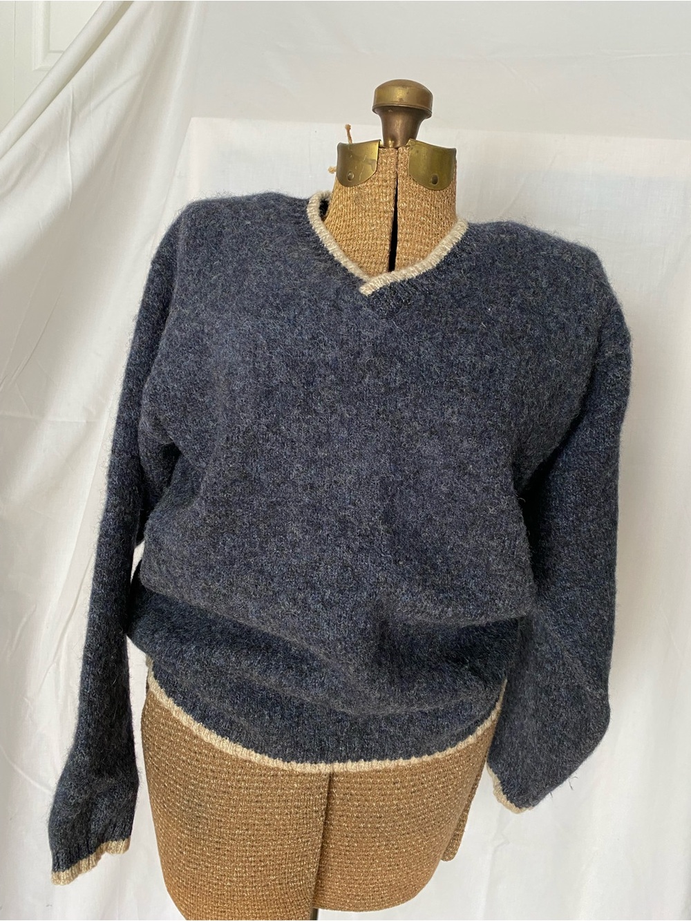 Vintage Woolrich Wool Navy V-Neck Sweater with Cream Trim